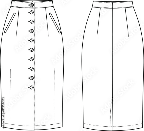 High waist pencil skirt cad, front and back view, button down vector sketch, flat technical drawing for fashion design template