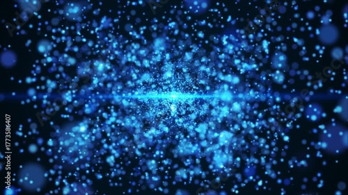 Abstract 3D animation of glowing blue shimmering particles. Bokeh effect. Futuristic background, big data visualization. Digital technological background. Seamless looping video 4K