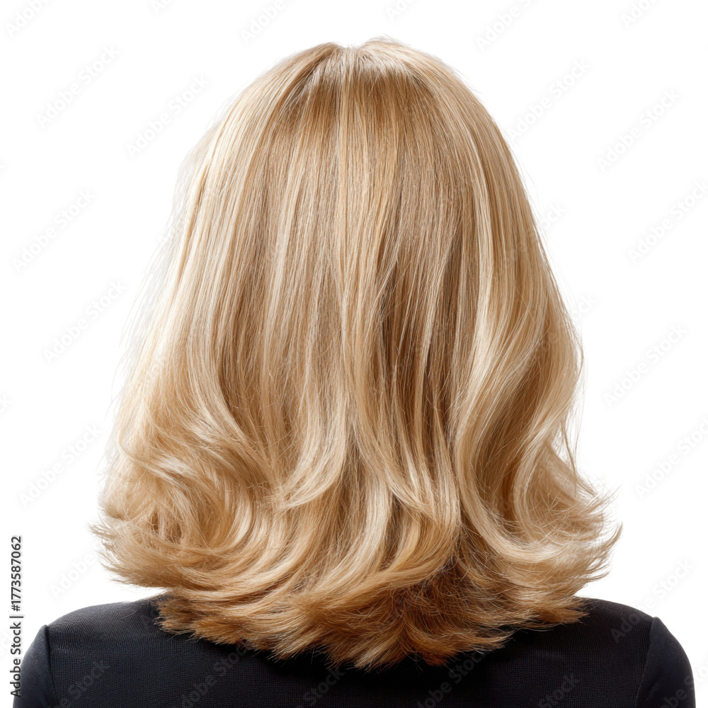 Naklejka premium Golden Locks: A detailed view of styled, radiant, and flowing blonde hair. The strands cascade in soft waves, exuding a sense of elegance.