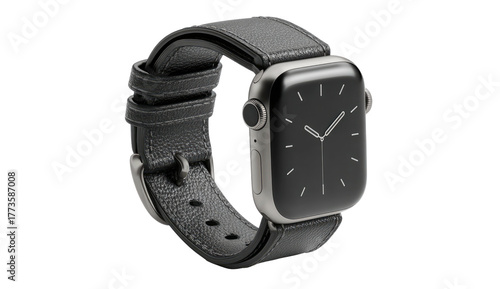 Sleek smartwatch with dark leather band and minimalist display