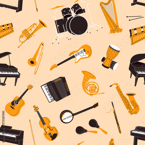 Repeatable pattern of different musical instruments: saxophone, drum, piano, guitar. Endless background of various equipment for classical, jazz and rock music. Flat seamless vector illustration