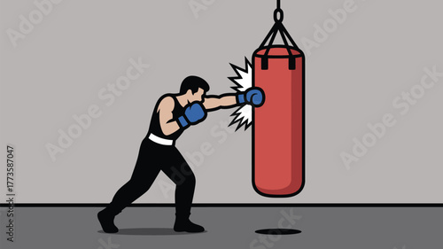 A cartoon style image depicting a boxer punching a red punching bag in a gym setting with grey walls