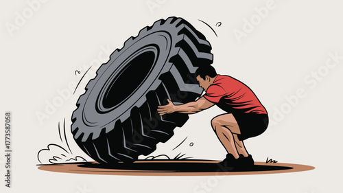A man in red shirt and black shorts flipping a large tire on a plain background in a cartoon style