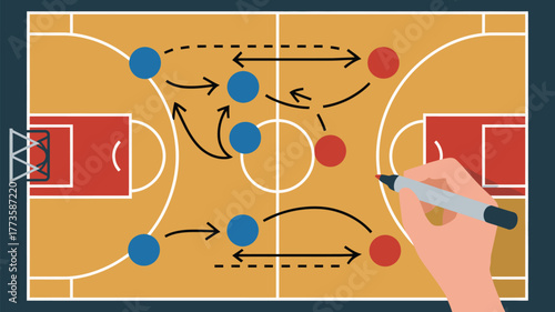 A basketball court diagram with blue and red circles and arrows drawn on it with a hand holding a pen