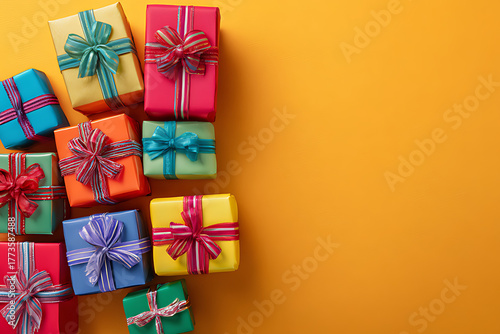 Multicoloured Gift Boxes Offset, Use 3:2 post, Dev iPhone, Plat IG, Occ gift promo, Fest holidays, Reason vibrant gifts ribbons big copy space