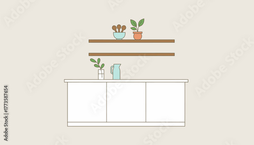 A minimalist kitchen scene with open shelving displaying only a few essential utensils and botanicals for a fresh vibe.