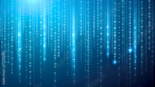 Binary numbers fall like digital rain on a blue background. Futuristic cyber stream, abstract tech pattern, software code, matrix effect and information security design. Vector illustration
