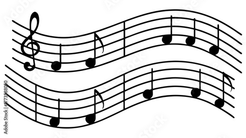 Vector illustration of flowing music notes wave icons, curved melody lines with treble clefs and rhythmic symbols, creating harmony motion effect