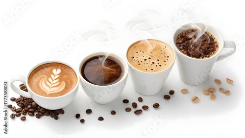 Different types of coffee on white background