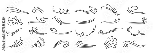 Air flow symbols, Hand drawn doodle of wind motion, flowing wind lines, swirl elements, flow air blow, smoke motion, summer breezes. Breath of the typhoon. Vector illustration isolated