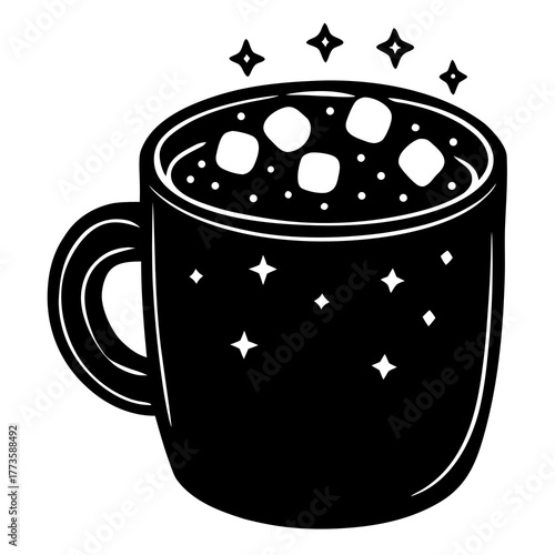 Cozy black silhouette of a hot chocolate mug filled with marshmallows and sparkles
