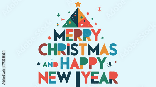 Colorful merry christmas and happy new year greeting with abstract geometric tree illustration and festive elements