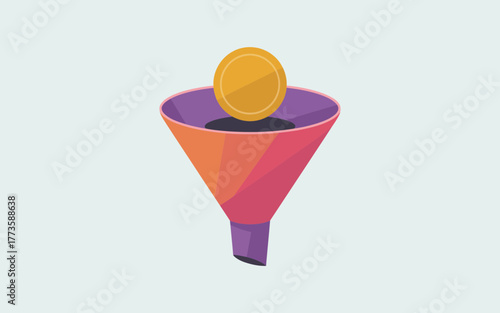 Conceptual illustration of a sales or marketing funnel with a gold coin dropping into the top representing lead generation and conversion