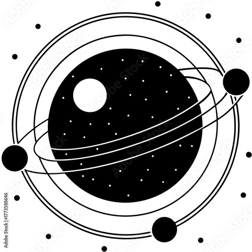 Stylized black and white illustration of a planet with rings and orbiting moons