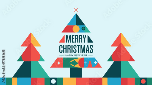 Modern geometric christmas trees with colorful abstract patterns and merry christmas and happy new year text