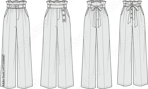 High waist wide leg pants fashion flat, front view cad drawing, belt and button variations, stylish women’s trousers design illustration