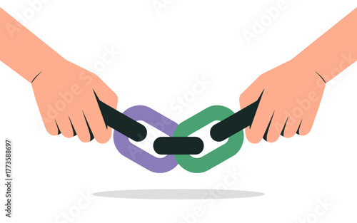 Two hands holding a broken chain link symbolizing connection and disconnection or partnership and separation
