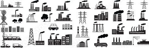 Industrial factory icons, power plants, smoke stacks, manufacturing buildings, transmission towers, factory vehicles, energy infrastructure, pollution symbols, industry silhouettes, black vector