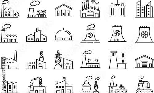 Industrial factory icons, power plant illustrations, nuclear cooling tower, line style warehouse symbols, energy production, manufacturing building vectors