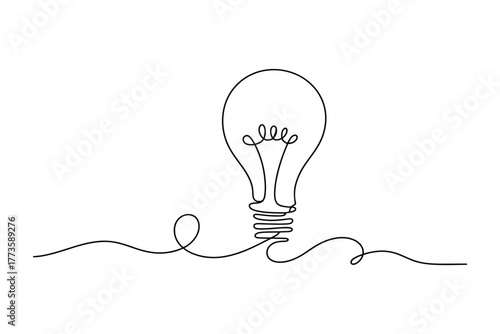 Continuous line drawing shows a light bulb with filament and connecting wire on white