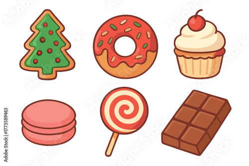 Festive desserts for holiday celebrations and special occasions. Set of 6 Christmas vector illustration