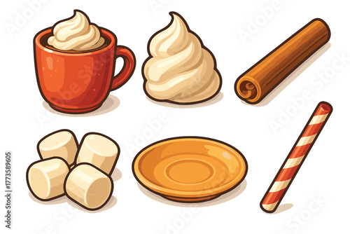 Cozy autumn treats for warm drinks and festive gatherings. Set of 6 Christmas vector illustration