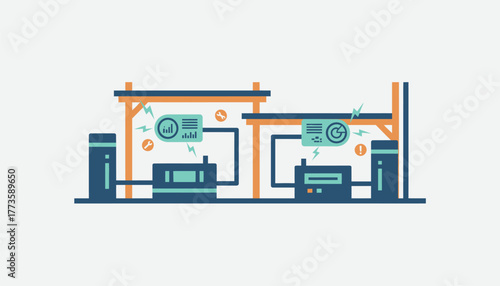An industrial factory floor with machinery connected to the internet enabling realtime monitoring of performance and predictive maintenance alerts.