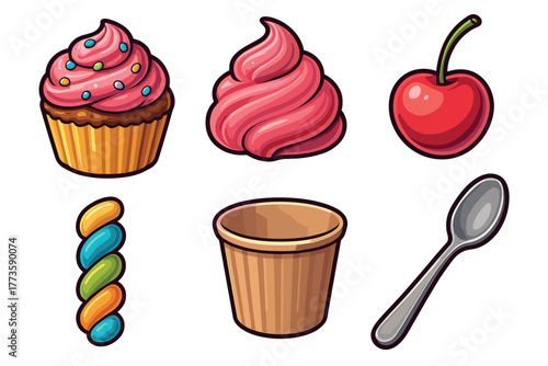 Colorful dessert assortment featuring cupcake, cherry, and ice cream. Set of 6 Christmas vector illustration