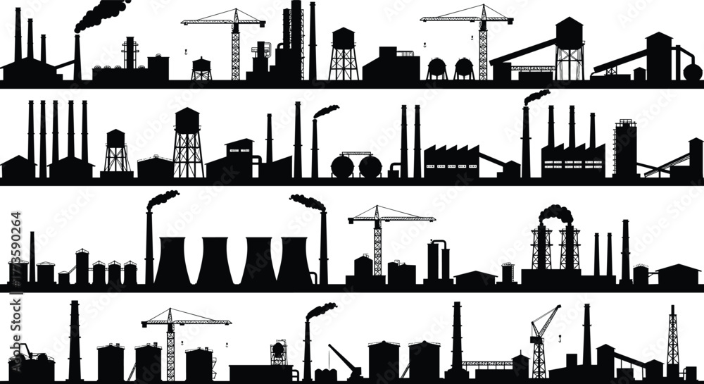 Fototapeta premium Industrial factory silhouette panorama, smokestacks, cooling towers, cranes, refinery, power plant, manufacturing facility, heavy industry, smoke emission, black and white