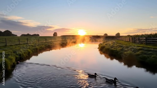 Tranquil Sunset Over Waterway with Ducks and Scenic Landscape