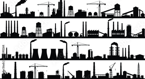 Industrial factory silhouette panorama, smokestacks, cooling towers, cranes, refinery, power plant, manufacturing facility, heavy industry, smoke emission, black and white
