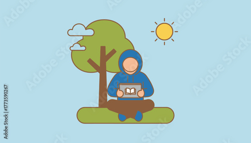 A student using a tablet to access course materials from a park illustrating the portability and flexibility of online education.