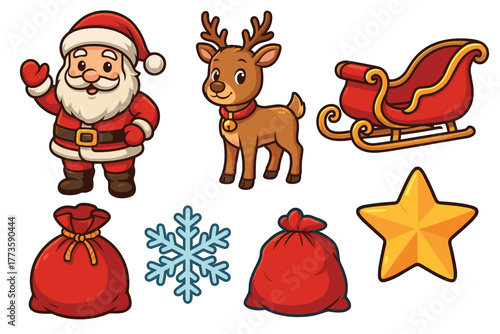 Festive Santa Claus and cheerful reindeer with holiday decorations. Set of 6 Christmas vector illustration