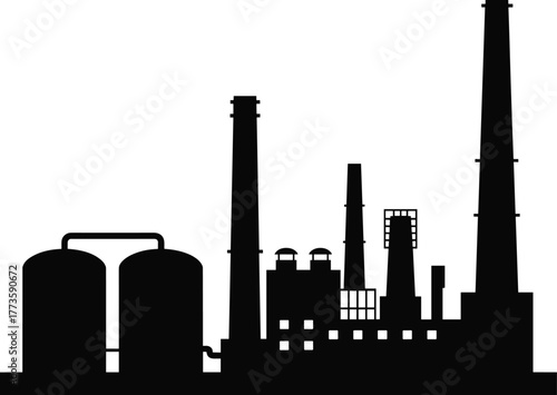 Industrial factory silhouette vector, refinery and manufacturing plant illustration, black icon with chimneys, storage tanks, pipes, and industrial building shapes