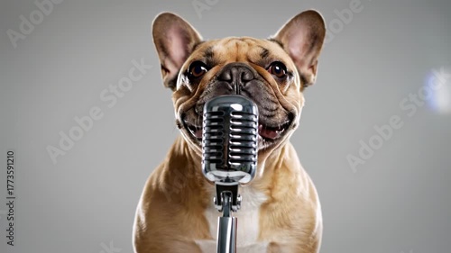 Adorable french bulldog with expressive emotions barking and singing into a retro microphone on a stand, showcasing a fun musical performance concept in a studio with a grey background