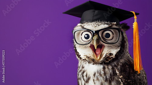 Portrait of a surprised owl wearing glasses and a graduation cap against a purple studio background