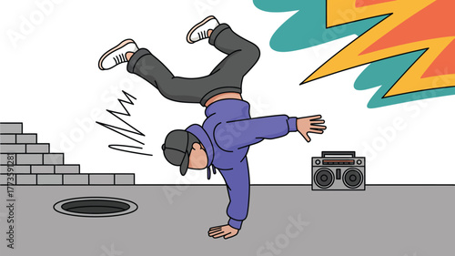 A cartoon breakdancer doing a handstand near a manhole cover and a boombox on a gray surface