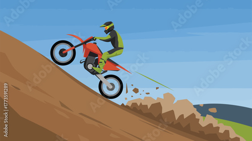 A motorcyclist riding uphill on a dirt bike performing a wheelie against a blue sky background scene