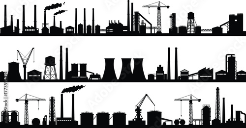 Industrial factory silhouette with chimneys, cooling towers, cranes, manufacturing plants, power stations, heavy industry, refinery, production facility, black and white panoramic image