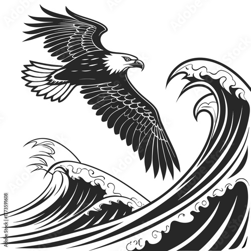 Eagle soaring above stylized waves in black and white vector illustration style design art work