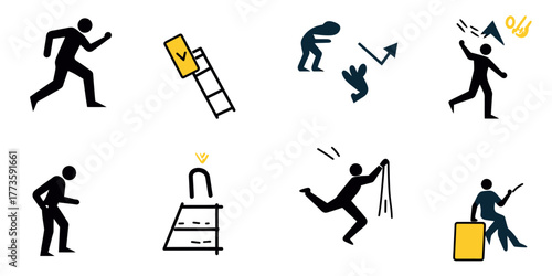 Accident hazard pictogram set with stick figures illustrating injury risks including slips, falls, ladder accidents, and falling objects in safety warning icons vector