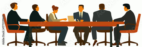 Group of diverse business people sitting around meeting table in office discussing project ideas collaboration teamwork flat vector illustration