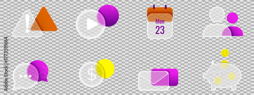 Glassmorphism social media icon set. Vector illustration of trendy Glassmorphism effect icon include speech bubble, money, piggy bank, play, attentinon and message sign template design collection. 