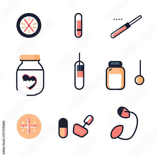 Flat minimalist vector icons of blood sample test tube, insulin syringe, medicine bottle, capsule pill, blood glucose meter, testing tools and heart health symbols for diabetes care concept