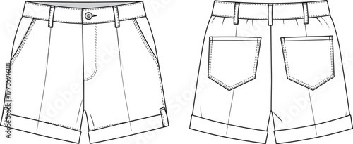 High waisted women’s shorts with front pockets, rolled hem, belt loops, back patch pockets, technical CAD flat vector illustration drawing