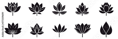 Set of ten simple black lotus flower silhouettes icons, minimalist flat vector design, botanical nature symbols collection for spa, wellness and beauty concepts
