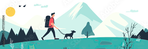Young man hiking with dog walking on grassy hill mountain landscape nature outdoor adventure flat vector illustration