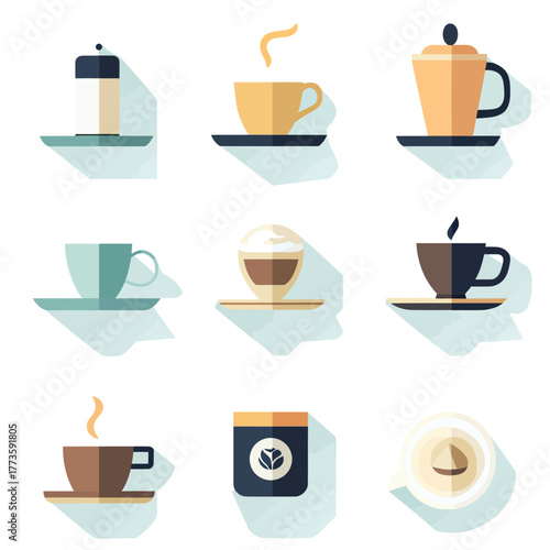 Set of nine flat minimalist vector icons featuring coffee cups, teacups, French press, coffee pot, steaming hot beverages, cappuccino, coffee jar, and top view latte cup on saucers with shadows