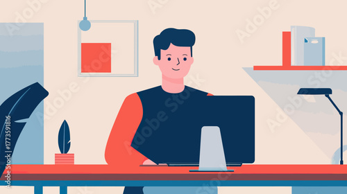 Young man working on desktop computer in modern minimalist home office with plant and lamp flat vector illustration