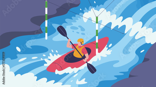 A person kayaking through a rapid river with slalom poles on a bright sunny day illustration